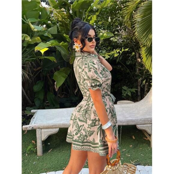 NEW - Boho Single-Breasted Tie-Front Short Sleeve A-Line Dress - Picture 2 of 8